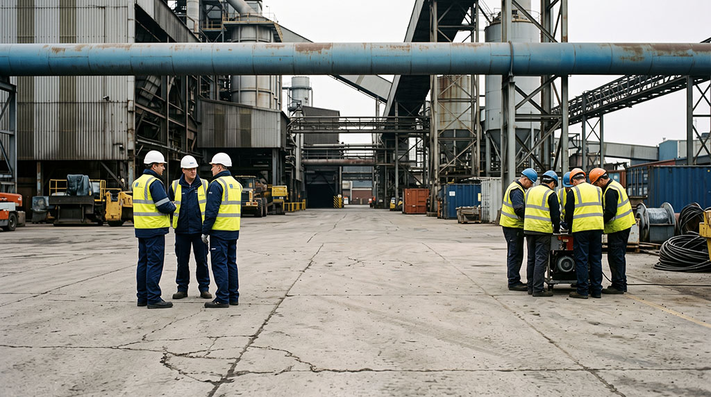 Three workers in white hard hats talking on one side of an industrial yard, and a crew in blue and orange hard hats gathered around a piece of equipment on the other