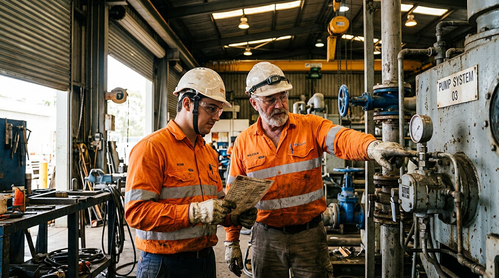 Two workers in orange hi-vis and hard hats beside a pump in a workshop, one reading from a printed checklist while the other points at the equipment