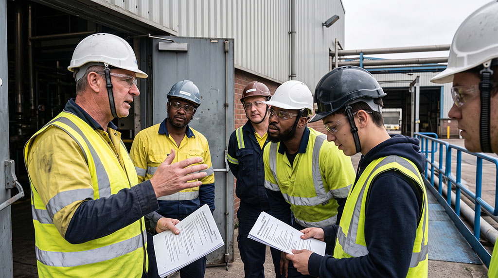 A supervisor briefing a crew of six outside a process plant, several of them holding printed procedure sheets