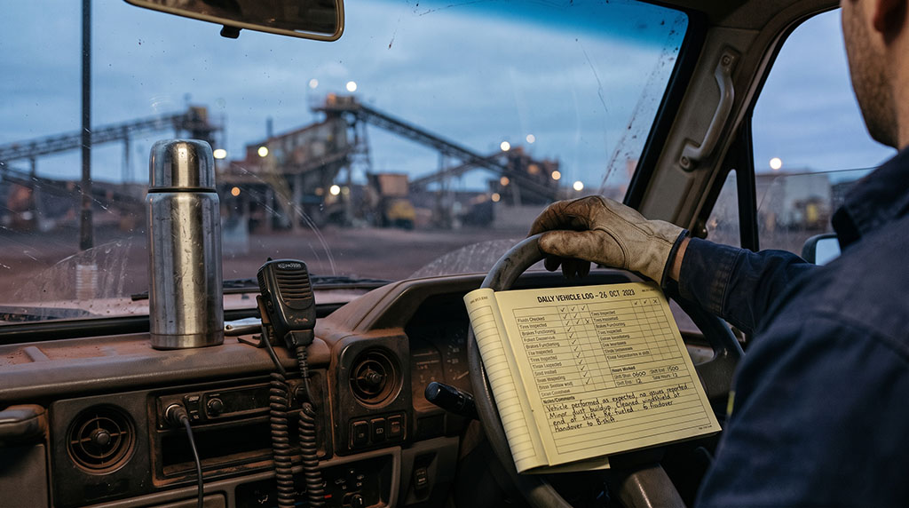 A mine site vehicle cab at dusk, a gloved driver holding a paper daily vehicle log against the steering wheel, processing plant lit behind the windscreen