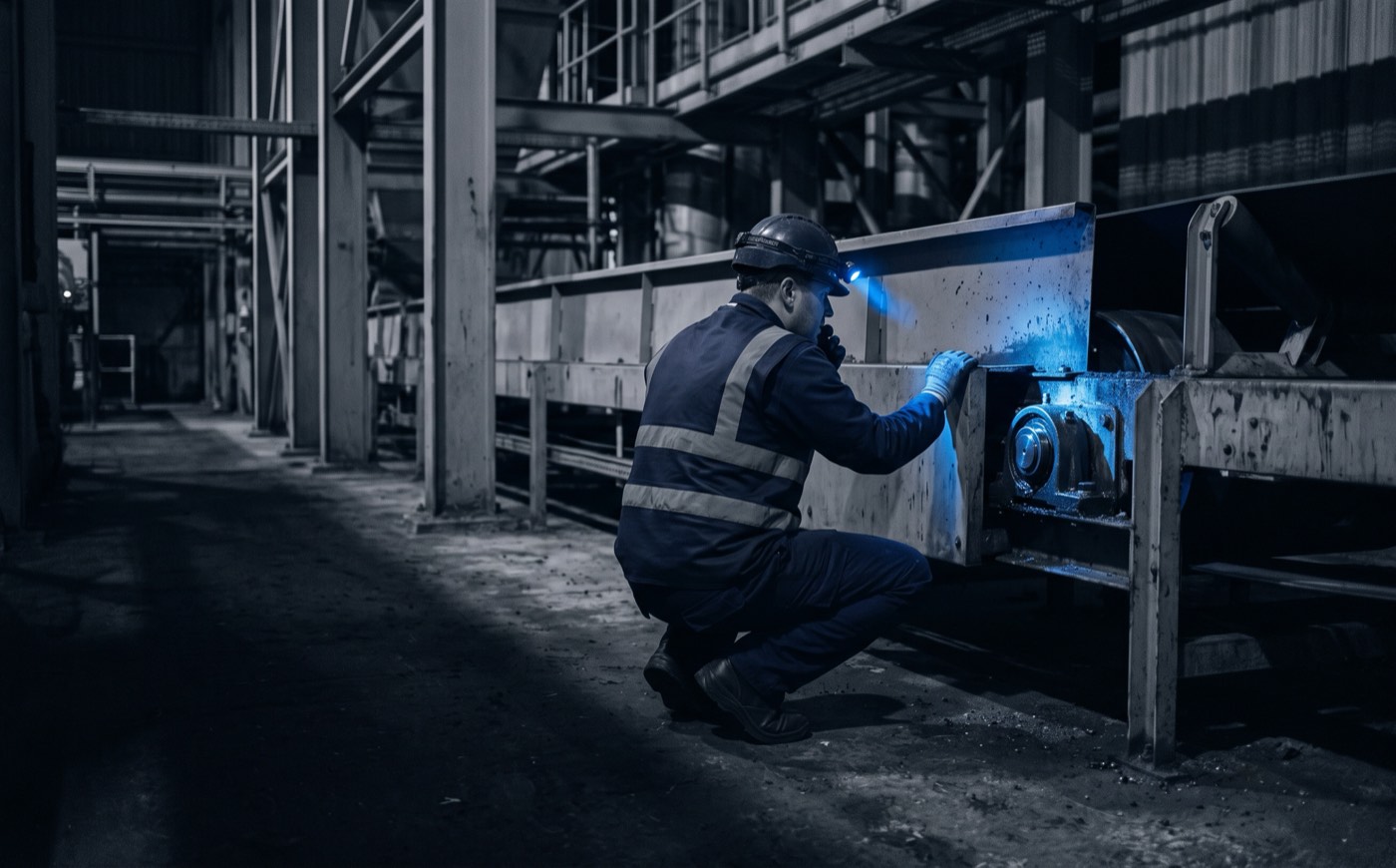 A maintenance technician crouched at a conveyor drive end in a darkened plant, head torch on the bearing housing, speaking as they work