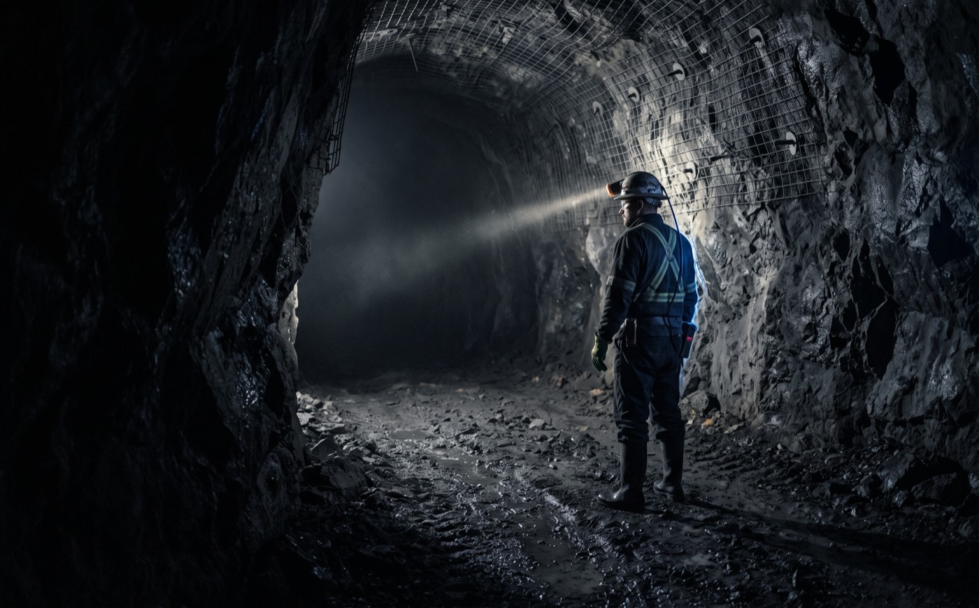 A miner standing in an underground drift, cap lamp cutting through dust, ground support mesh overhead