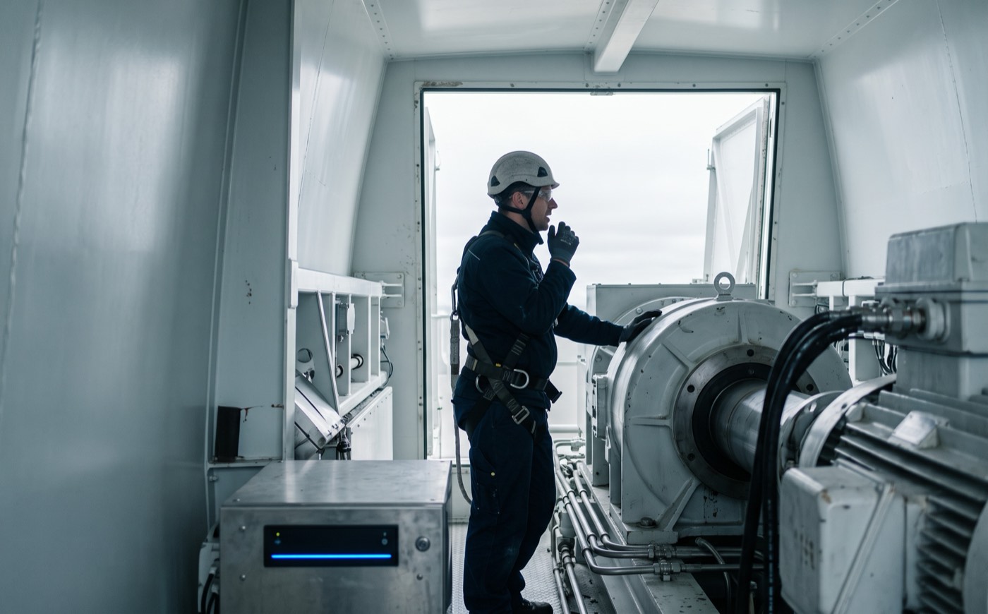 A field technician inside a wind turbine nacelle, harnessed, one hand on the drivetrain, speaking towards the open hatch